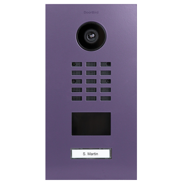 DoorBird IP video door station in blue lilac with camera lens and call button grille