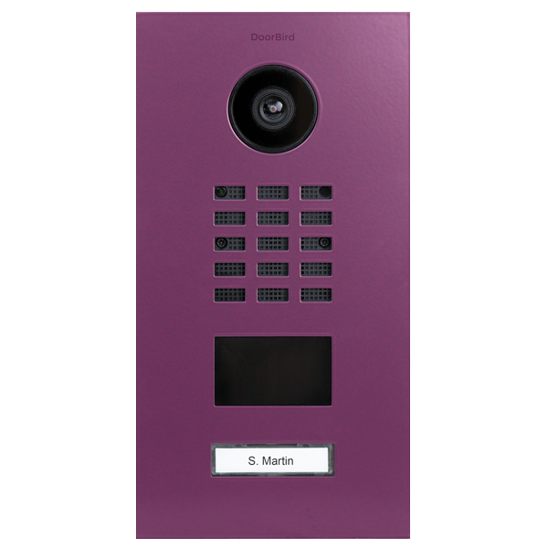 DoorBird IP video door station in traffic purple, with camera lens and call button panel