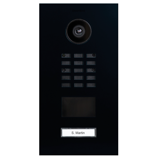 DoorBird IP video door station with camera, keypad buttons, and nameplate in dark blue/black