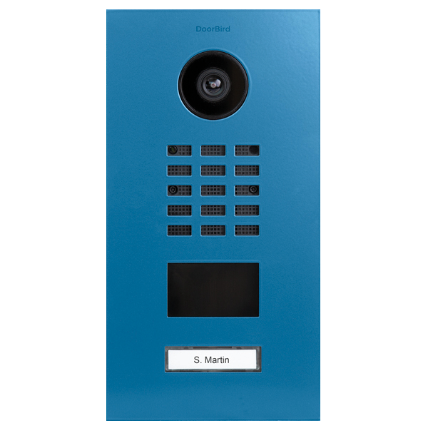 DoorBird IP video door station in light blue with camera, keypad, and nameplate