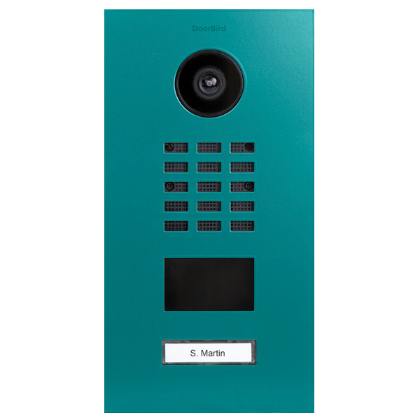 DoorBird turquoise video door station with camera lens, keypad and nameplate