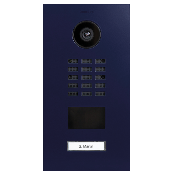 DoorBird IP video door station in night blue with camera lens, keypad buttons, and nameplate