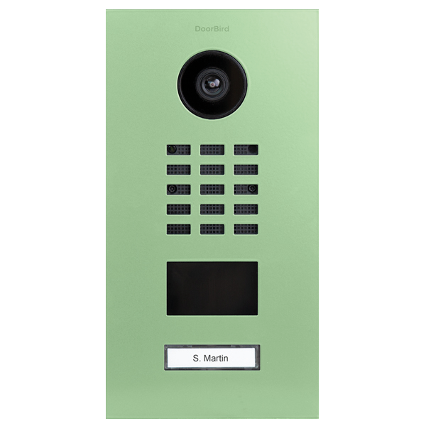 DoorBird IP video door station in pastel green with camera, keypad, and nameplate