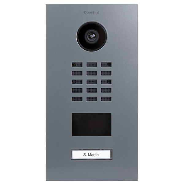 DoorBird IP video door station in silver grey with camera and call buttons