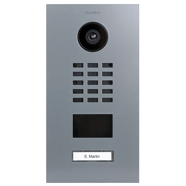 DoorBird IP video door station in signal grey with camera lens and call buttons