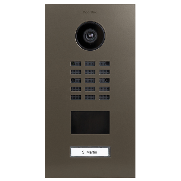 DoorBird beige-grey IP video door station with camera, keypad, and name plate