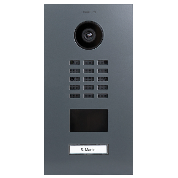 DoorBird video door station in iron grey with camera, call keypad, and small display