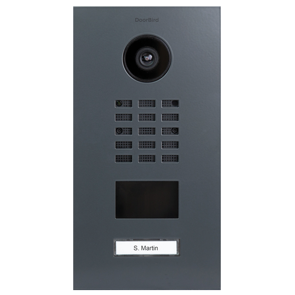 DoorBird IP video door station in slate grey with camera lens, keypad buttons and nameplate