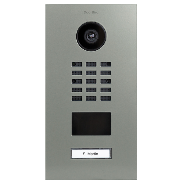 DoorBird IP video door station in concrete grey with camera, keypad, and call display