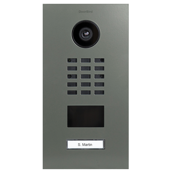 DoorBird IP video door station in cement grey with camera lens, keypad, display, label