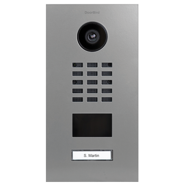 DoorBird IP video door station in silk grey, front panel with camera, button grid, nameplate