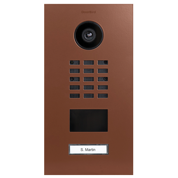 DoorBird IP video door station in copper brown, with camera lens and keypad