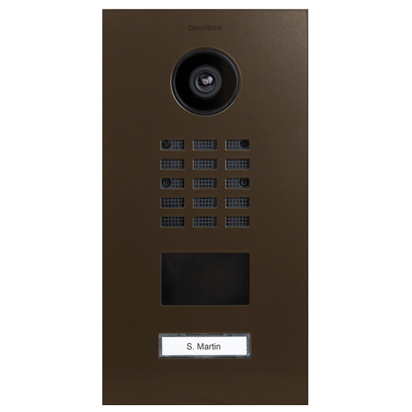 DoorBird D2101V video door station in terra brown with camera lens, keypad and display
