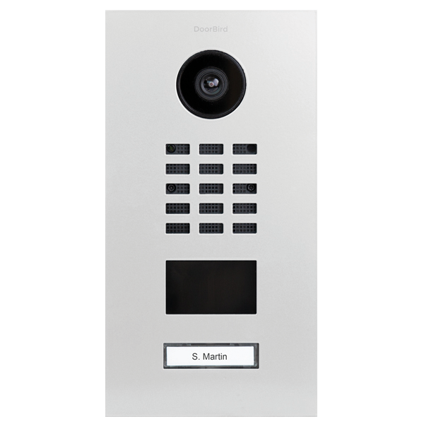 DoorBird IP video door station in light grey with camera lens and call button panel