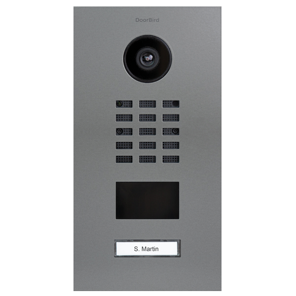 DoorBird grey aluminium IP video door station with camera, keypad buttons, and nameplate