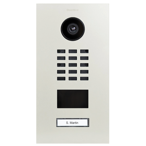 Pure white DoorBird video door station with camera lens and keypad call buttons