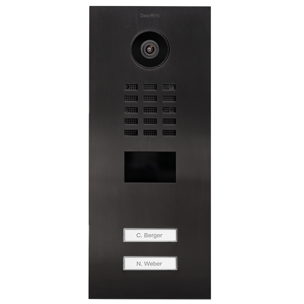 DoorBird video door station in dark titanium with camera, speaker grille, two name tags