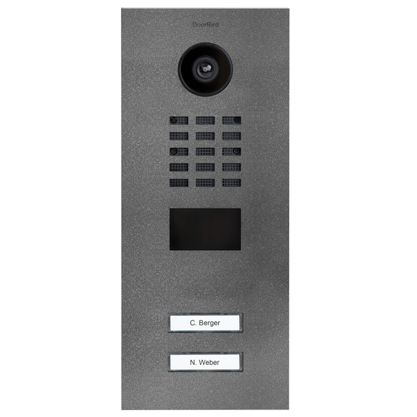 DoorBird stainless steel IP video door station with camera, keypad, and two nameplates