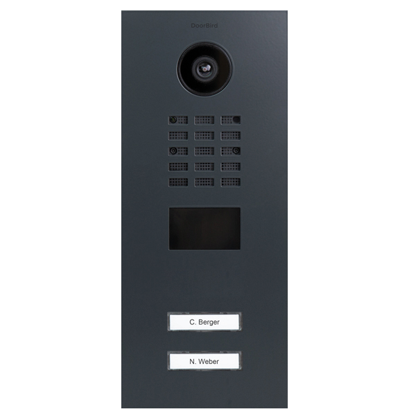 Anthracite grey IP video door station front panel with camera, speaker grille, two nameplates