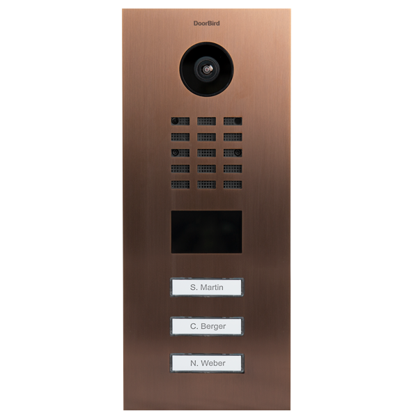 Bronze IP video door station with camera, speaker grill, and three call buttons