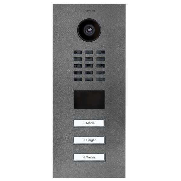 Stainless steel video door station with camera, 3 call buttons, and nameplates