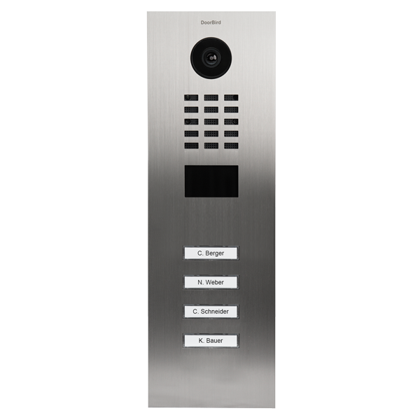 Stainless steel IP video door station with camera lens and 4 call buttons