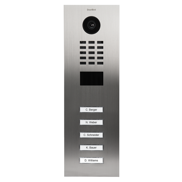 Stainless steel IP video door station with camera, speaker grille, and five call buttons