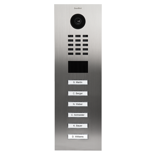 Stainless steel video door station with camera lens, call buttons, and name labels