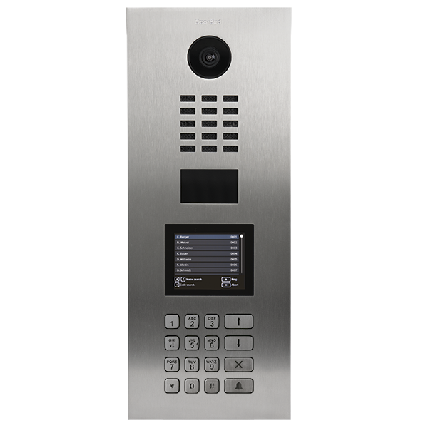 Stainless steel video door station with camera, keypad, and call display