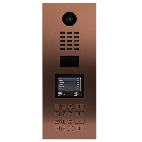 Bronze DoorBird video door station with camera, speaker grille, and keypad