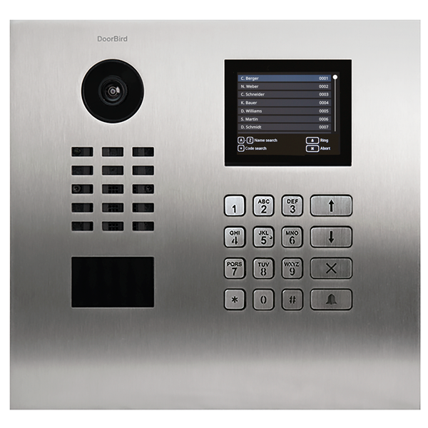 Stainless steel DoorBird IP video door station with keypad, call screen, and camera lens