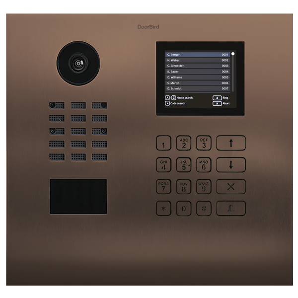 Bronze DoorBird IP video door station with camera, keypad, and name directory screen