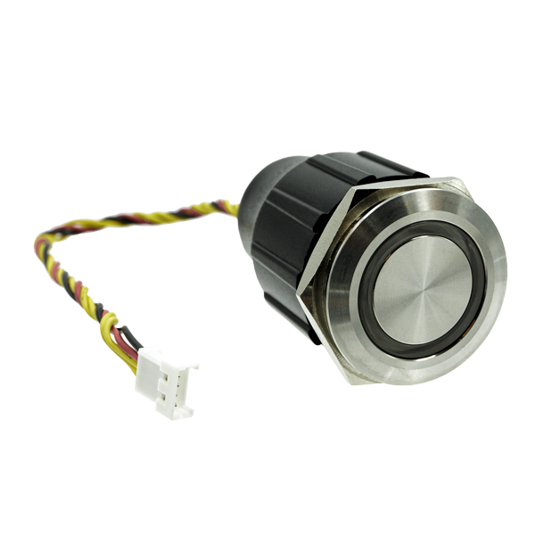 Stainless steel round door call button with wiring harness and black housing