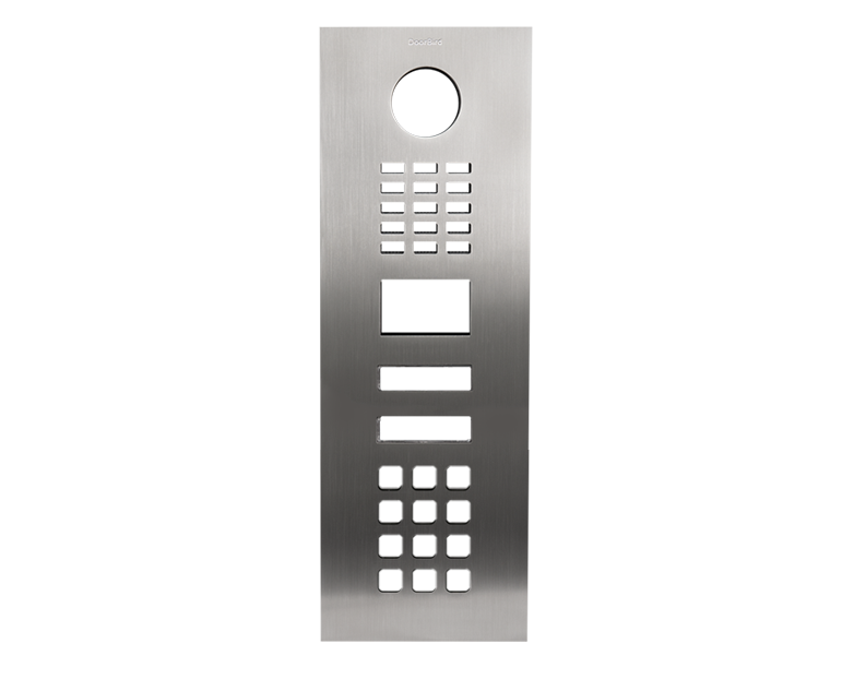 Brushed stainless steel door entry front panel with circular lens and keypad buttons