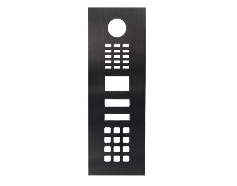 Titanium brushed door intercom front panel with camera circle and keypad buttons