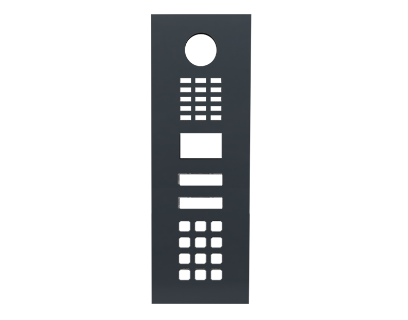 DoorBird front panel in anthracite grey with circular lens and keypad buttons