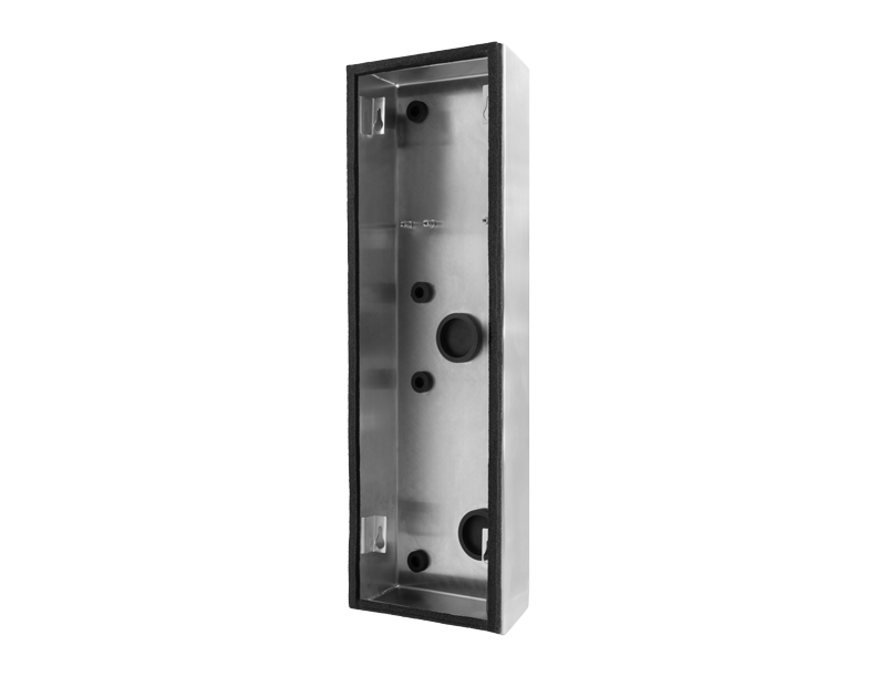 Metal surface-mounting backbox with rectangular frame and mounting holes