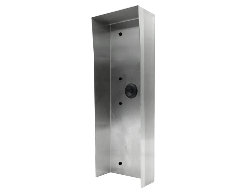 DoorBird stainless steel protective hood V4A with mounting holes and circular opening