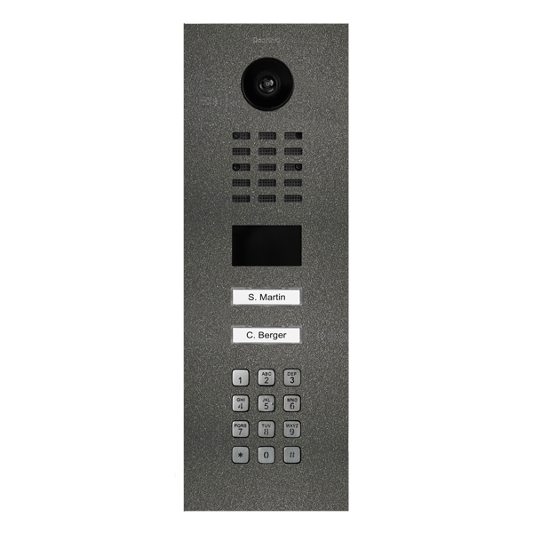 Stainless steel IP video door station with camera, keypad, and two call buttons