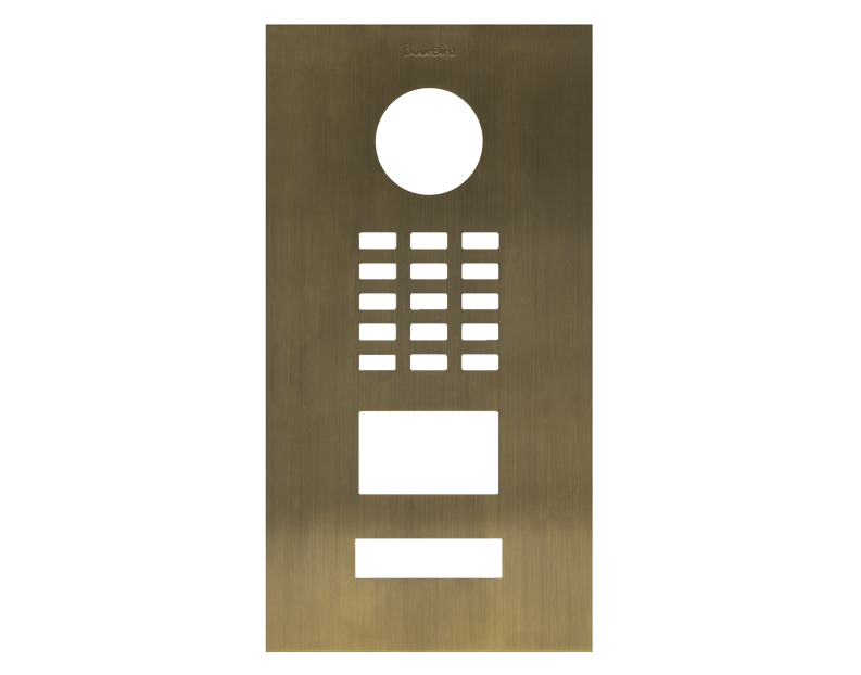 DoorBird D2101V brass front panel with round port, speaker grille, and two controls