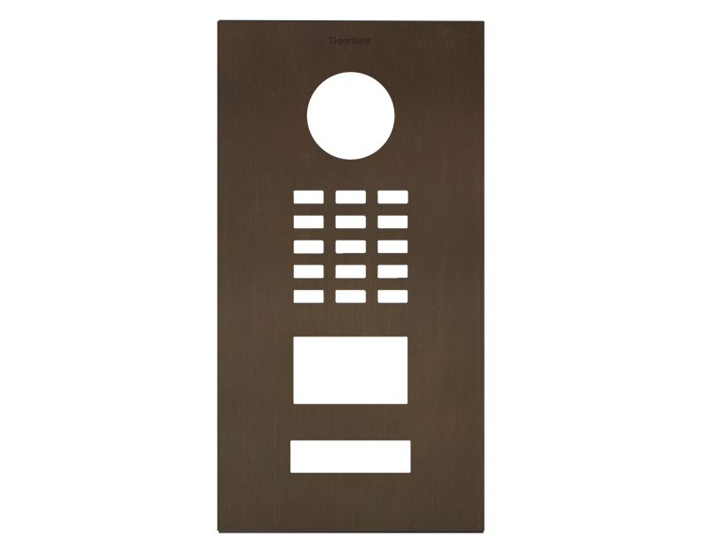 DoorBird front panel in architectural bronze with speaker grille and button holes