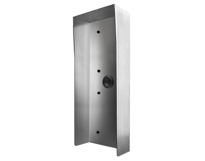Stainless steel protective hood with round access opening and mounting screw holes