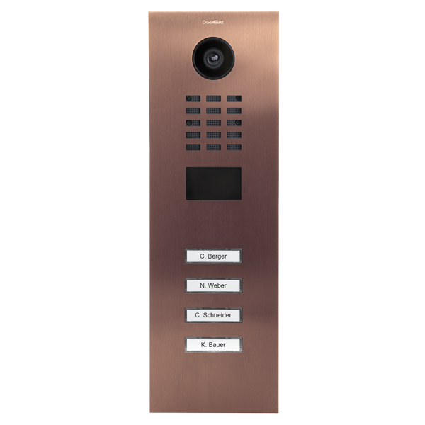 Bronze DoorBird IP video door station with camera lens, call button grid, 4 name labels