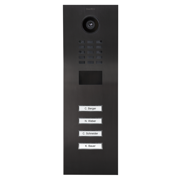 DoorBird titanium video door station with camera and four call buttons, name label strips