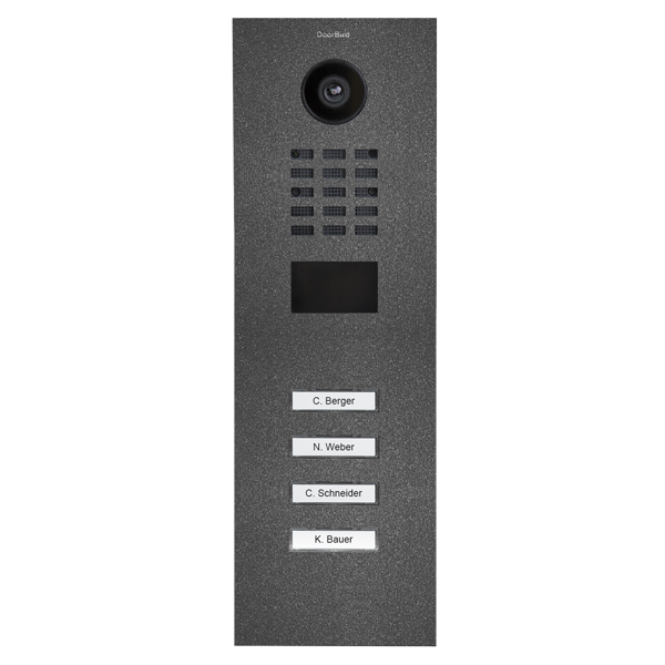 Stainless steel video door station with round camera, speaker grille, and four call buttons