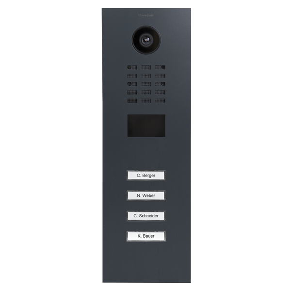 DoorBird D2104V video door station in anthracite grey with 4 call buttons.