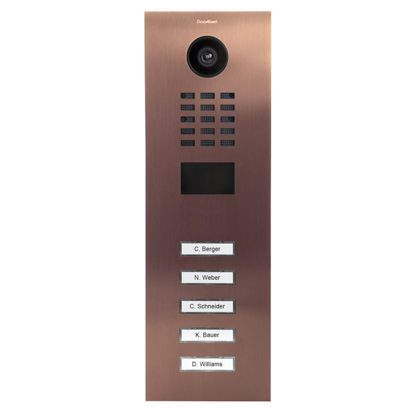 Bronze IP video door station with camera and 5 labeled call buttons