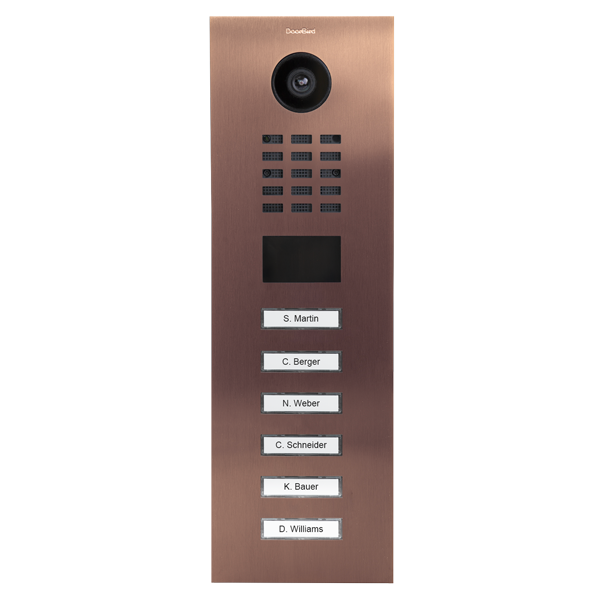 Bronze video door station with camera, keypad panel, and six engraved name buttons