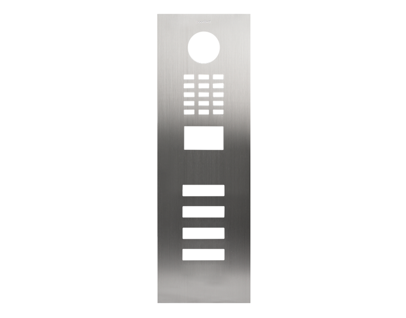 DoorBird stainless steel front panel with circular camera hole, keypad, and display window