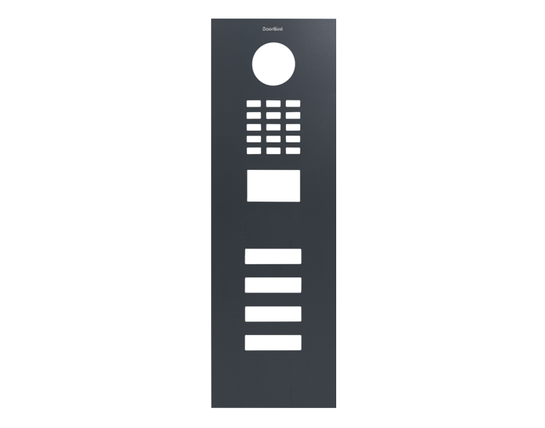 DoorBird front panel in anthracite grey with circular camera cutout and button panel
